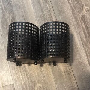 Pair of Dark Brown Metal Gold Canyon Woven Candle Holders